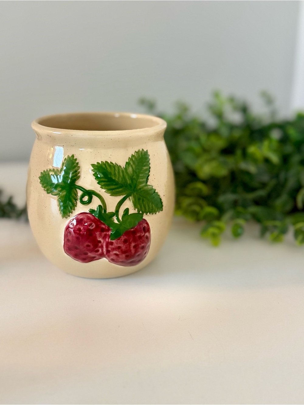 Vintage Cream Strawberry Ceramic Planter Jar Vase Crock